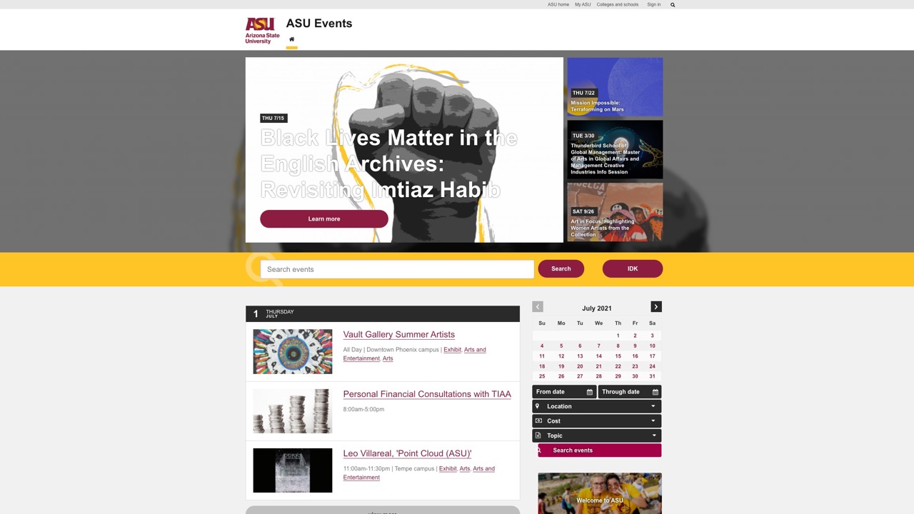 ASU Events homepage screenshot