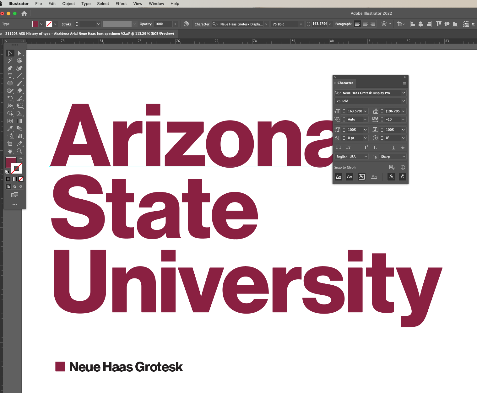 Neue Haas Grotesk font in Adobe program