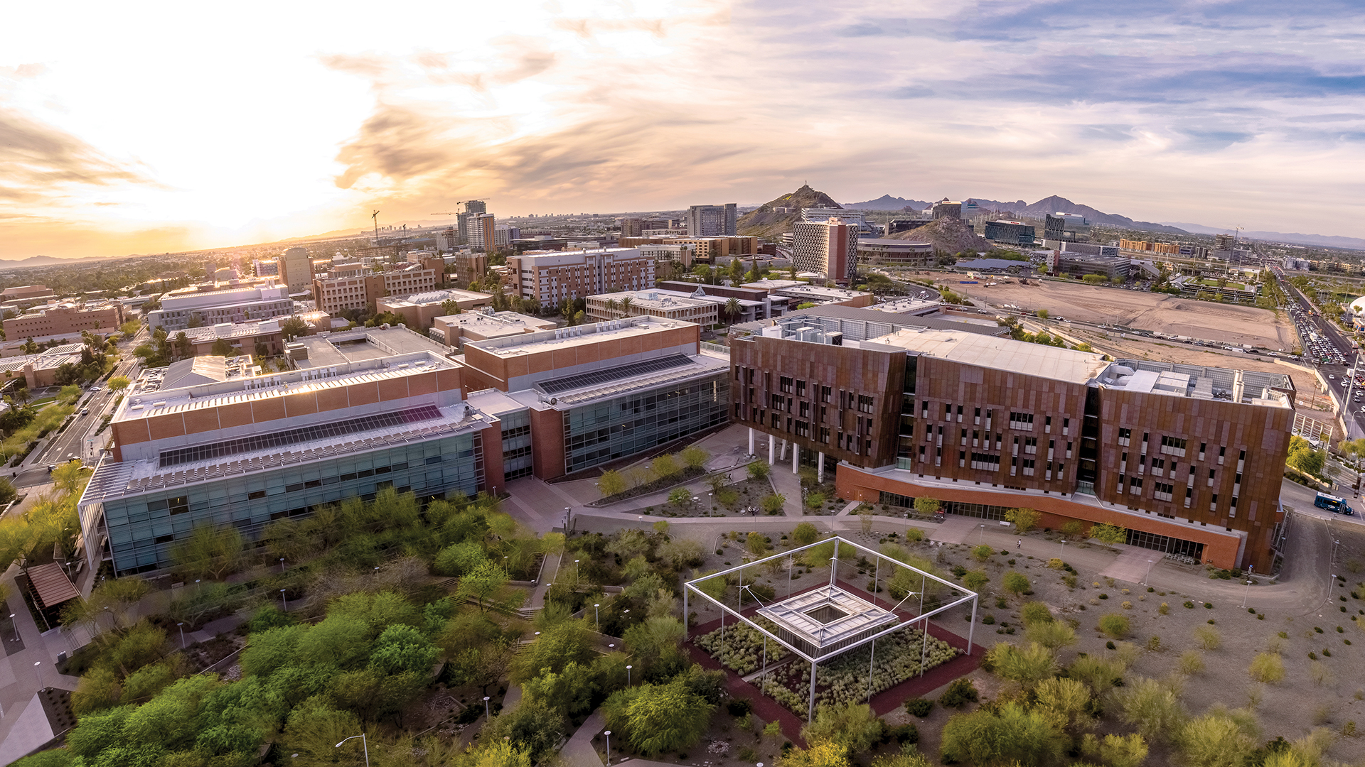 Aerial photo by drone of ASU's Biodesign building