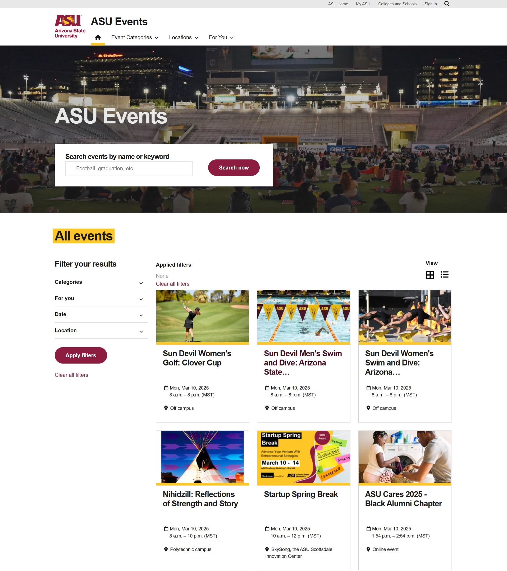 ASU Events homepage with a search module, a filter on the left and events listed below