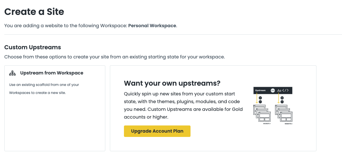 Pantheon site prompting user to select a custom upstream